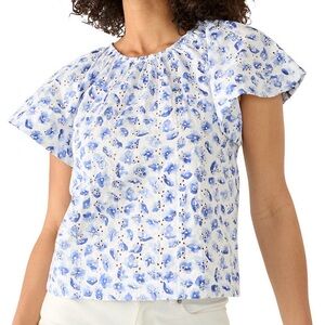 CeCe Blue Floral Eyelet Flutter Sleeve Blouse – Size Large 💙🤍